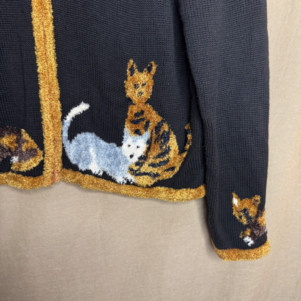 GrandmaCore Cat Zip Up Cardigan Black Hand Embroidered Fuzzy Medium - Picture 3 of 8